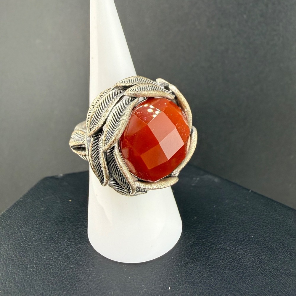 Vintage Cocktail Ring Silver Tone Red Size 6